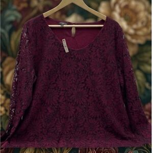 Talbots Woman’s 2X NWT Burgundy Floral Lace Long Sleeve Blouse